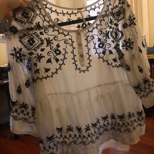 Free People Sheer Blouse With Boho Stitching